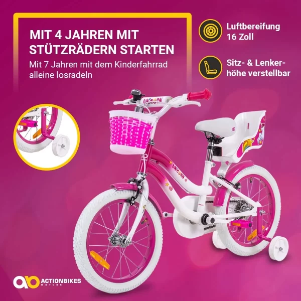 Actionbikes Motors Fahrrad Unicorn 16 Zoll In Pink/Weiß 3