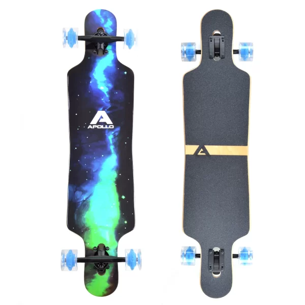 Apollo® Twin Tip DT Longboard ” Galaxy – LED Wheels ” In Blau/grün/schwarz 1