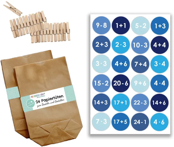 PAPIERDRACHEN Adventskalender Geschenktüten-Set Blau – Mit Klammern 3